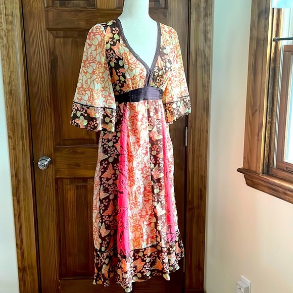 ANTHROPOLOGIE Vintage Y2K Butterfly BOHO Silk/Cotton Patchwork Kimono Dress S M - Picture 2 of 9